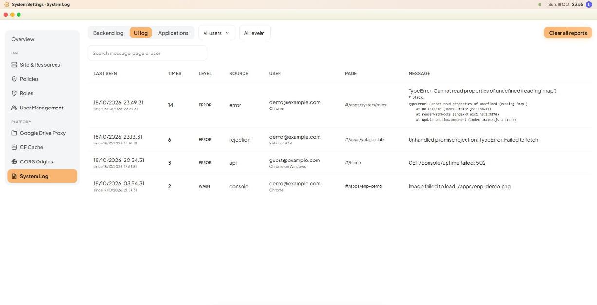 Console OS: UI log grouped like Sentry