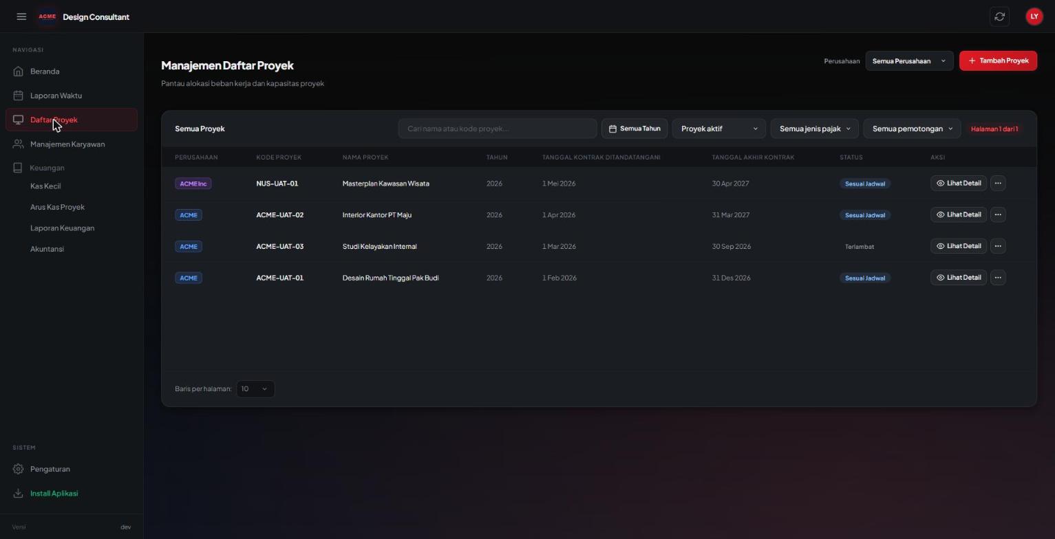 Project list with contract dates, tax type and schedule status