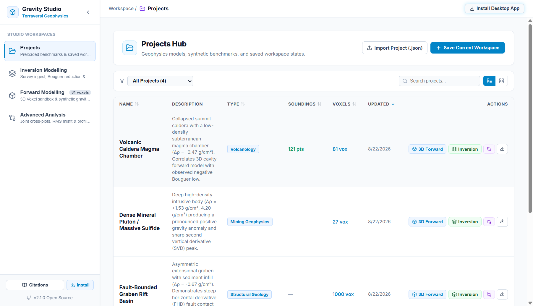 Gravity Studio — Projects Hub with Geological Benchmarks & Session State Persistence